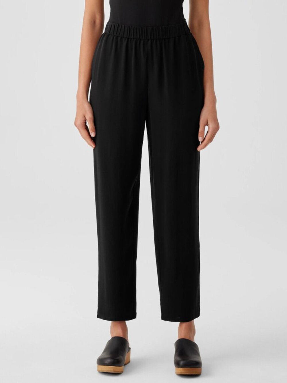 Eileen Fisher Black Silk Georgette Crepe Tapered Pant L minimalist chic